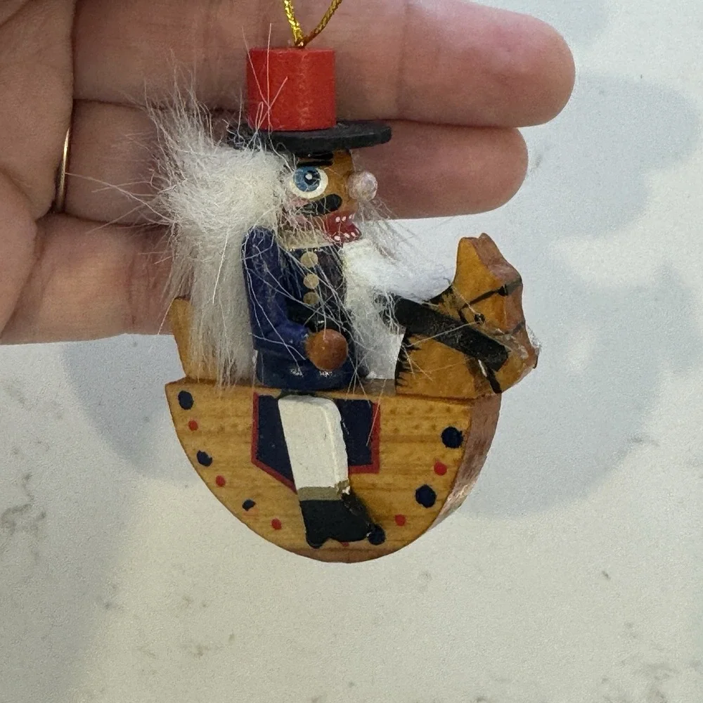 Vintage Nutcracker Christmas Ornament Riding on Rocking Horse Wooden Kitsch